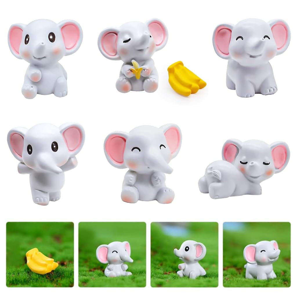 HASTHIP Elephant Miniature Decor for Garden and Flower Pots featuring 7Pcs Resin Figurines | Cute Desk and Dollhouse Decorations