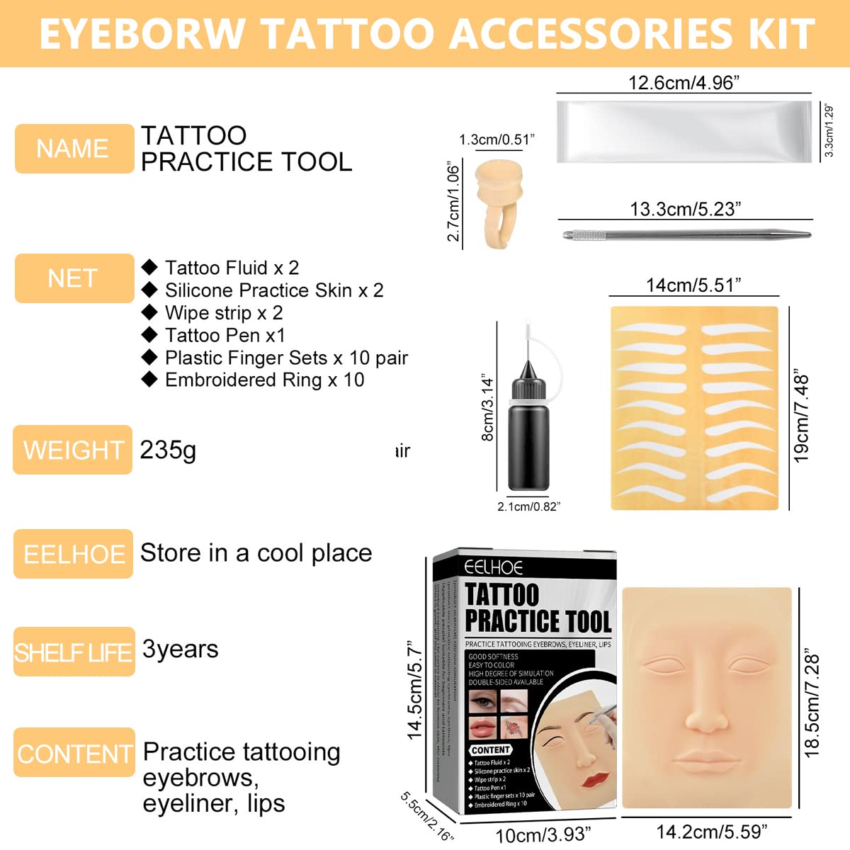 MAYCREATE Eyebrow Tattoo For Men, Skin Pad for Tattoo Practice Eyebrow Permanent Tattoo Practice Kit Microblading Set Manual Eyebrow Pen Needle Pigment Ink Practise Skin Tool