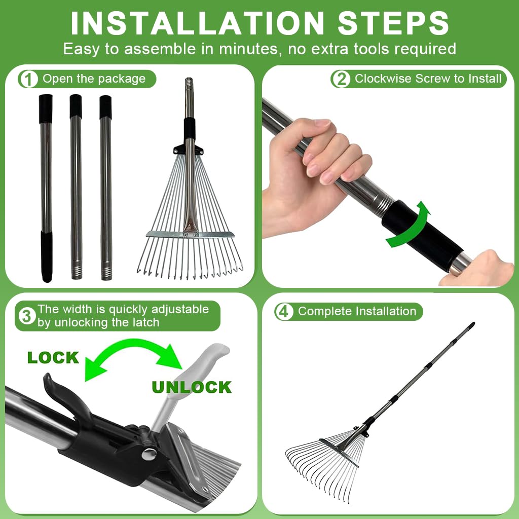 HASTHIP Garden Rake for Lawn and Yard with 15 Stainless Steel Teeth and 5.6ft Handle | DIY Assembly Tool