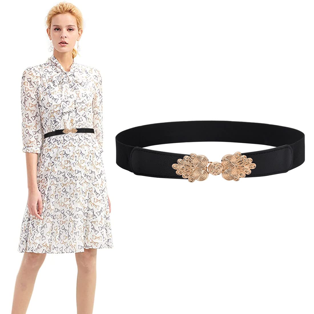 Zibuyu Waist Belts for Women featuring Golden Leaf Buckle and 23.6–31.4 in Stretch Fit | Black