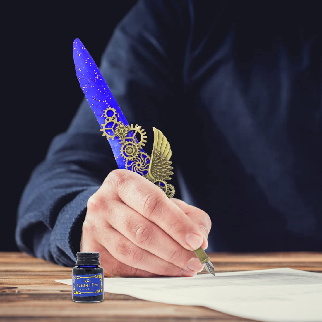 HASTHIP Feather Pen and Blue Ink Set for Calligraphy with 2 Nibs and Gear Design | Vintage Writing Gift