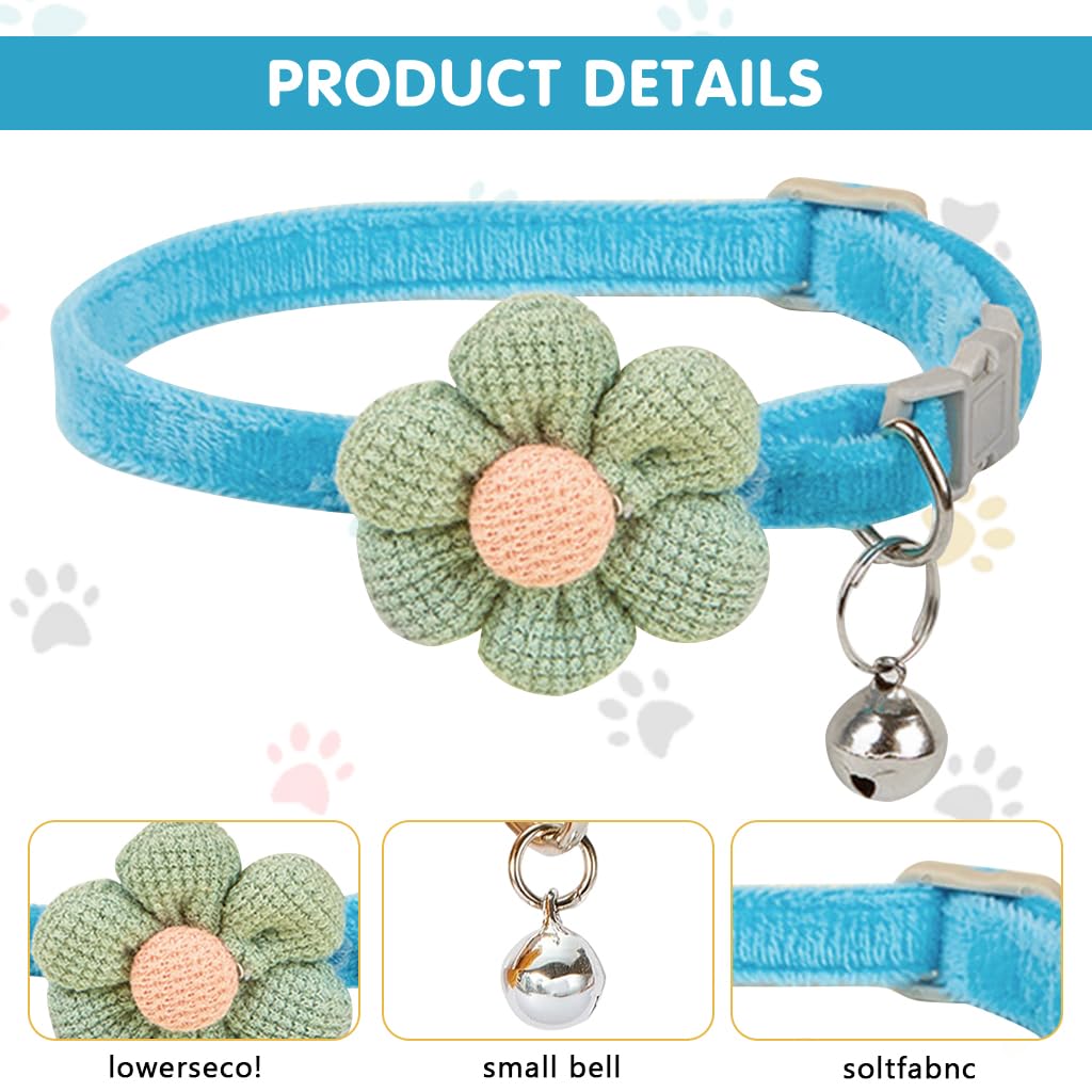Qpets Cat Collar with Bell featuring Quick Release Buckle and Adjustable 19–32cm Fit | Soft Blue Plush with Crochet Flower