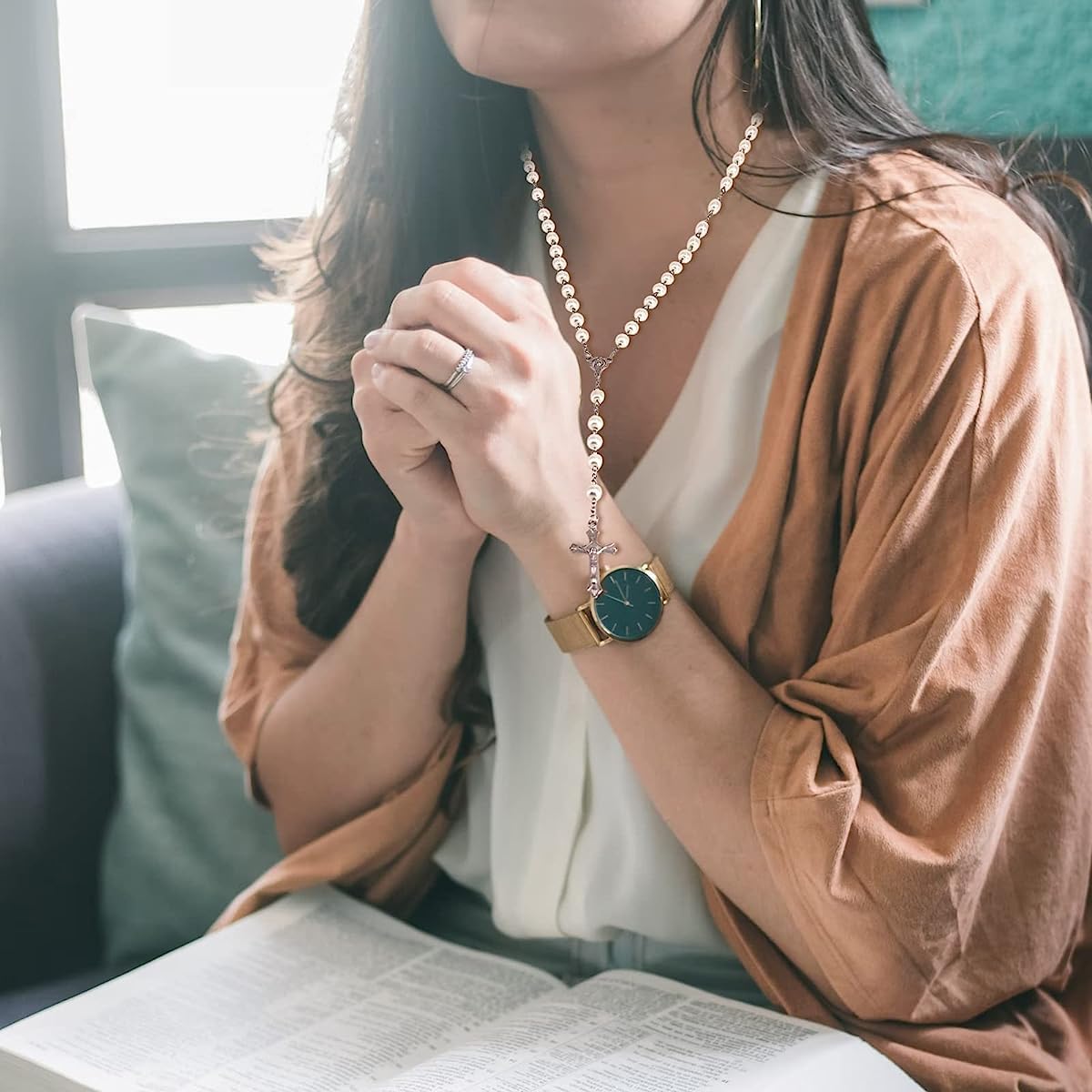 SANNIDHI Cross Pendant Pearl Necklace with 8mm Rosary Beads for Prayer and Gift Box