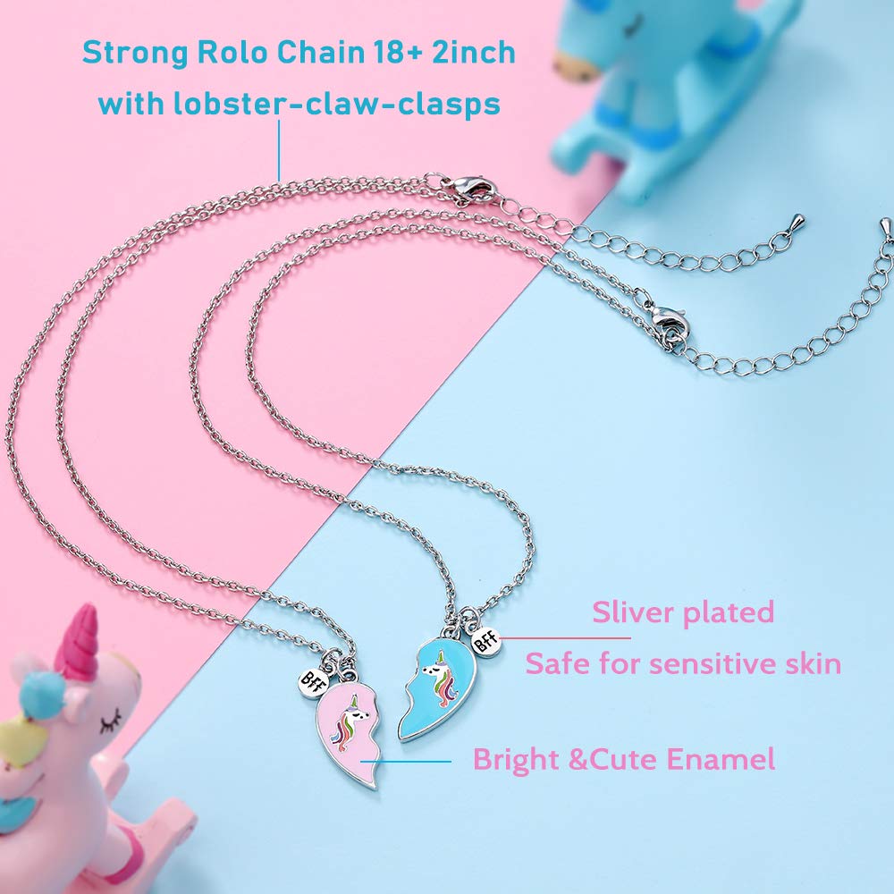 ZIBUYU Unicorn BFF Friendship Necklace Set for 2 Girls with 17.7 in Chain | Pink and Blue Heart Pendant