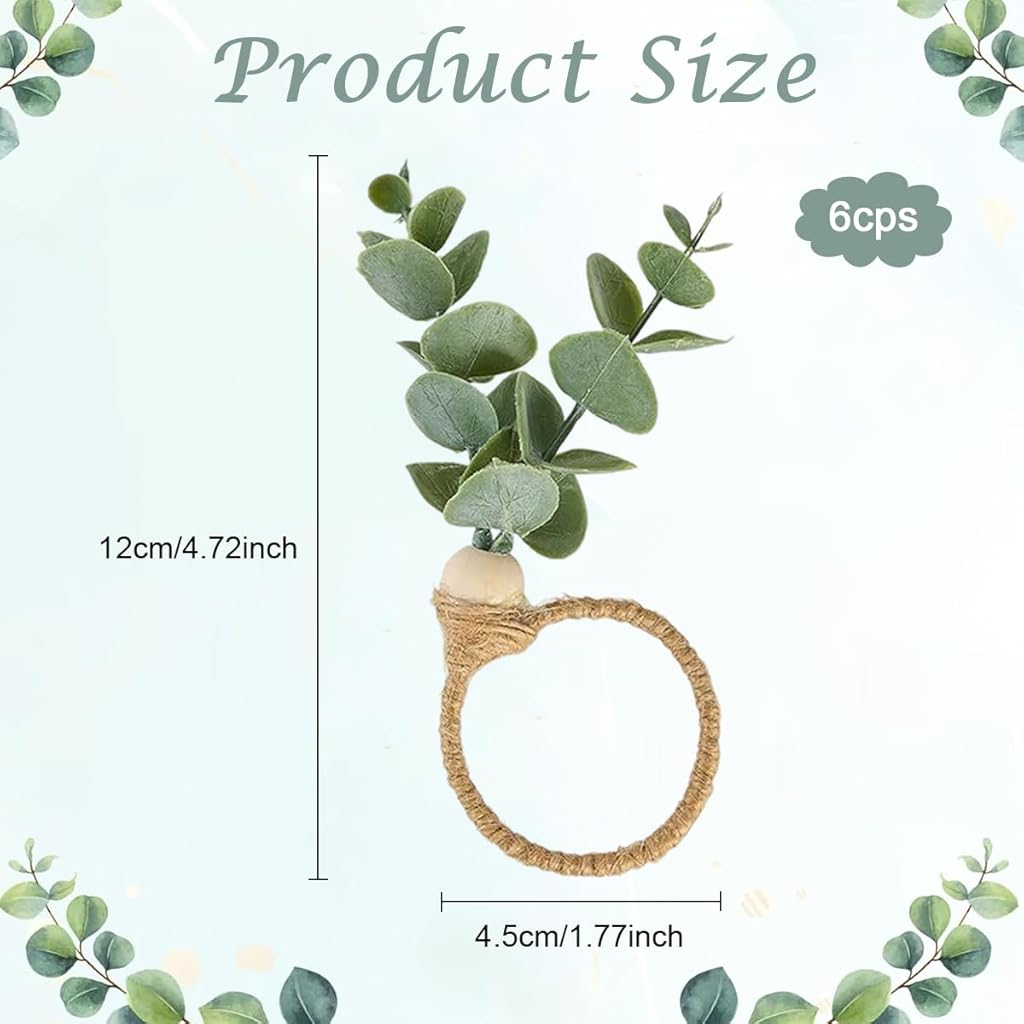 HASTHIP 6Pcs Napkin Rings Eucalyptus Leaf Hemp Rope Napkin Rings Rustic Style Napkin Rings Holder Decorative Table Napkin Rings for Festival, Wedding, Christmas