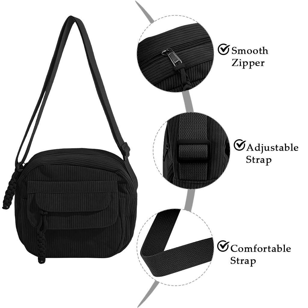 Zibuyu Small Corduroy Sling Bag for Women with 3 Zipper Pockets and Adjustable Strap | Black Compact Everyday Purse