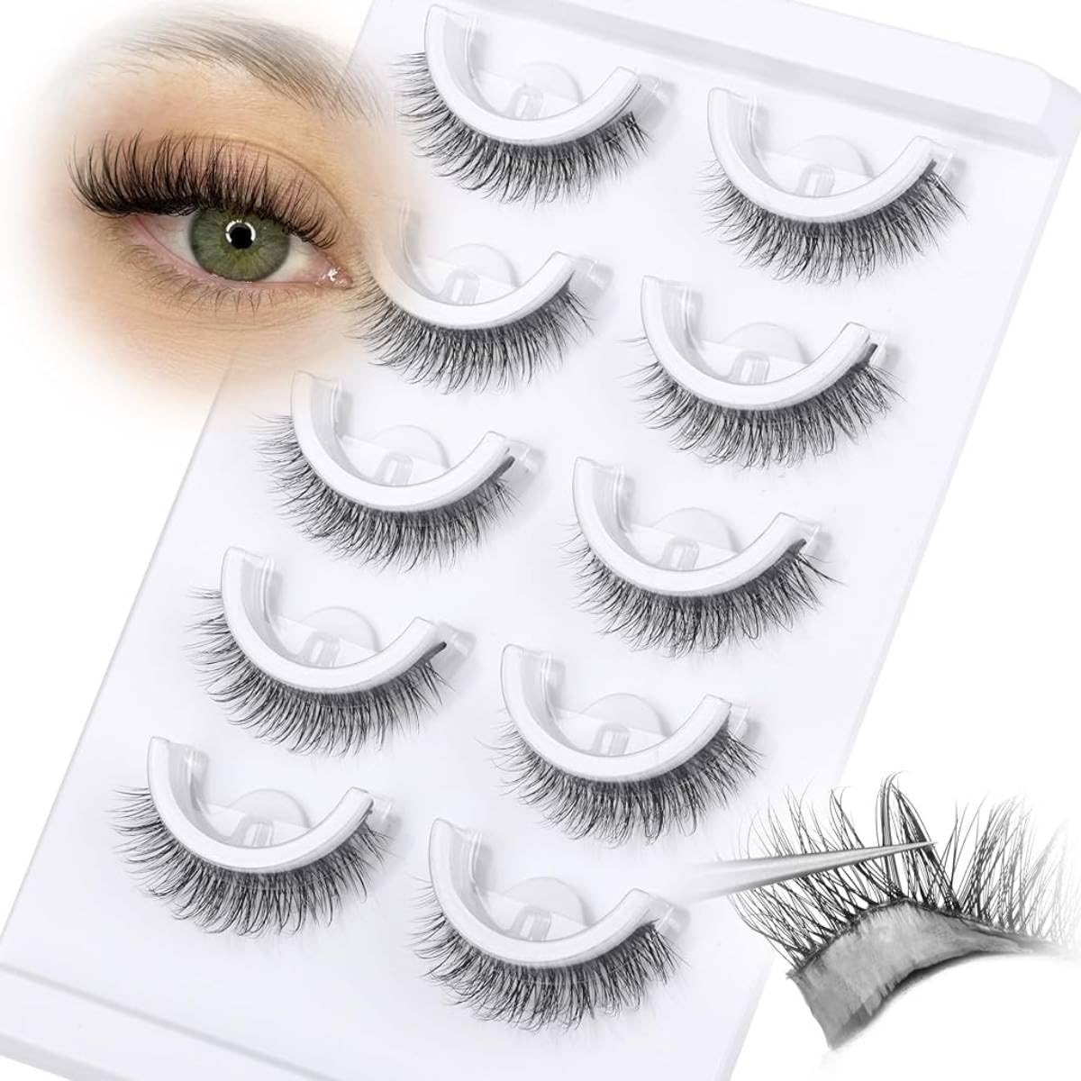 MAYCREATE Self Adhesive False Eyelashes for Daily Wear featuring Pre Glued Strip and Clear Band | 5 Pair Fiber Lashes for Beginners