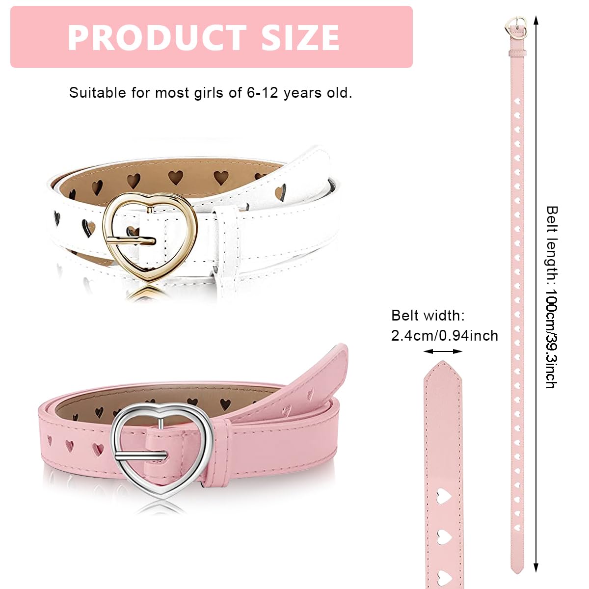 PALAY® Girls Belt for Jeans, 2 Pack PU Leather Kids Belt for Girls 6-12, Fashion Hollow Heart Metal Buckle Waist Belt for Girl Dress Pants Gift (Pink & White, Suit for Waist 26-30