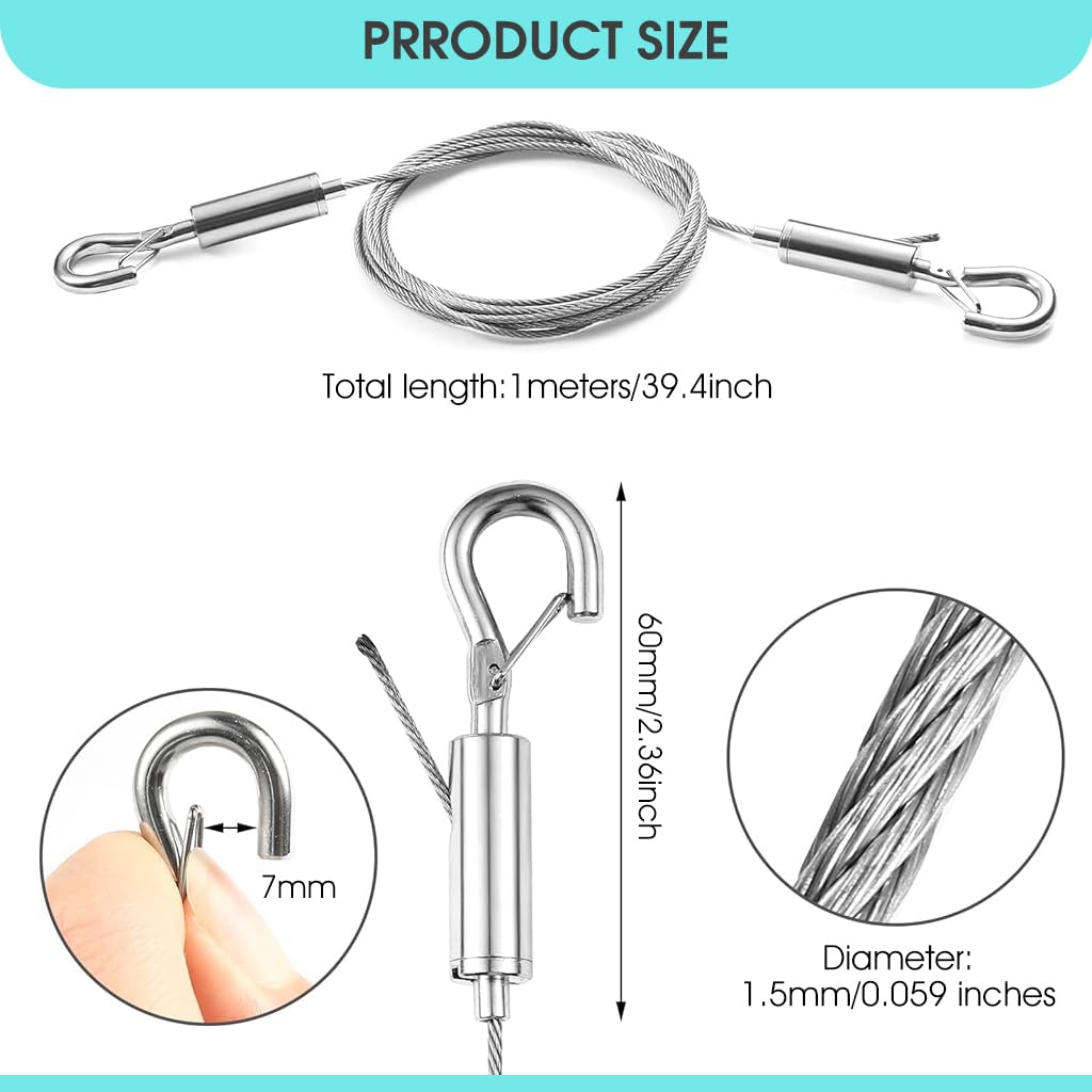 HASTHIP Hooks for Picture Hanging with 1m Adjustable Stainless Steel Wire under 50kg | 2Pcs Set