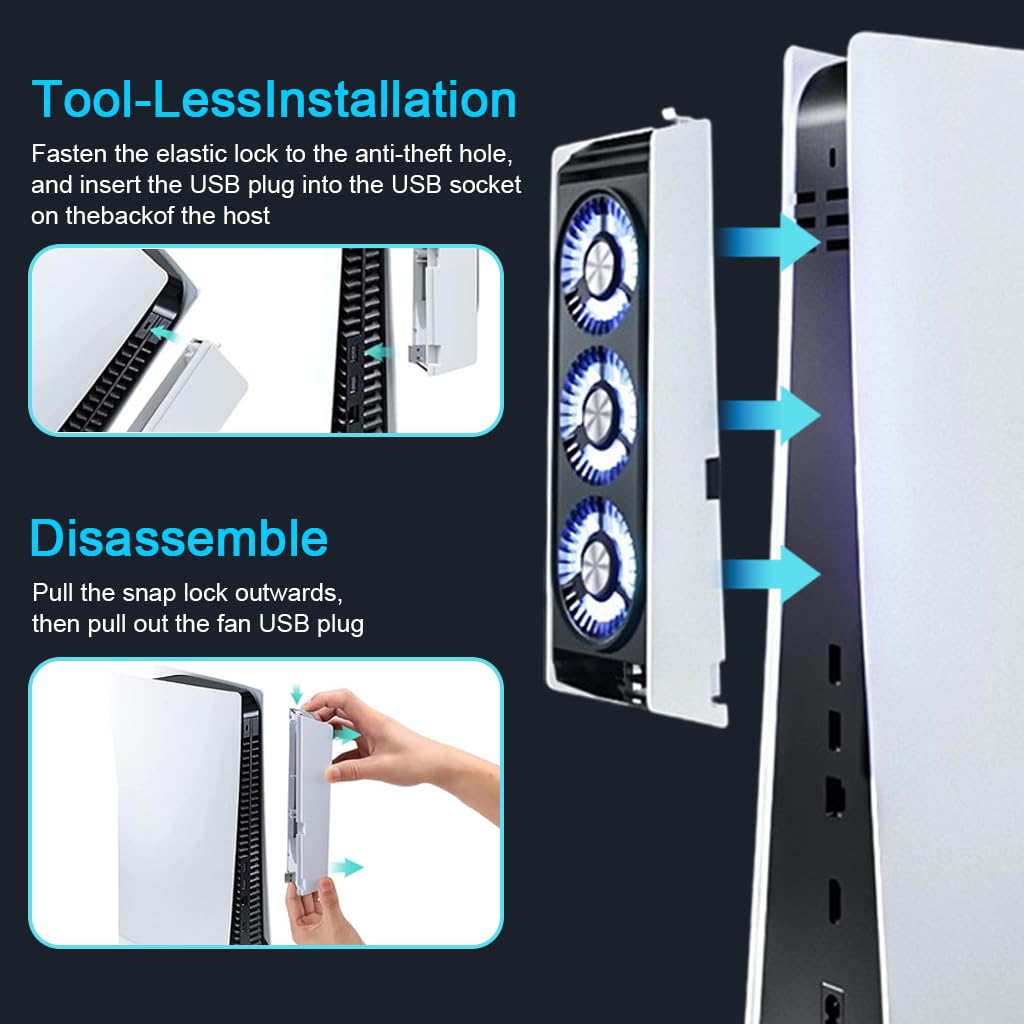 ZORBES USB Cooling Fan for PS5 with Triple Fan Airflow and LED Blue Light | Low Noise Plug-and-Go Design