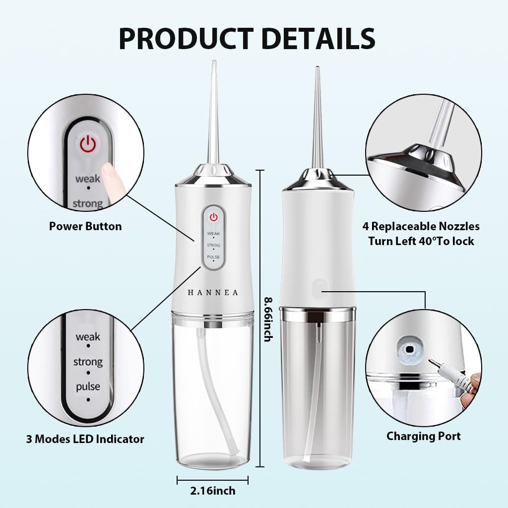 HANNEA Water Dental Flosser for Teeth Cleaning with 3 Modes 4 Jets and 220ml Tank | IPX7 Waterproof Rechargeable Oral Irrigator