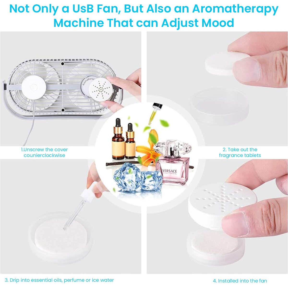 Verilux Table Fan for Home and Office with Dual Fan Aromatherapy Design | 26×15×5 cm Portable USB Cooling