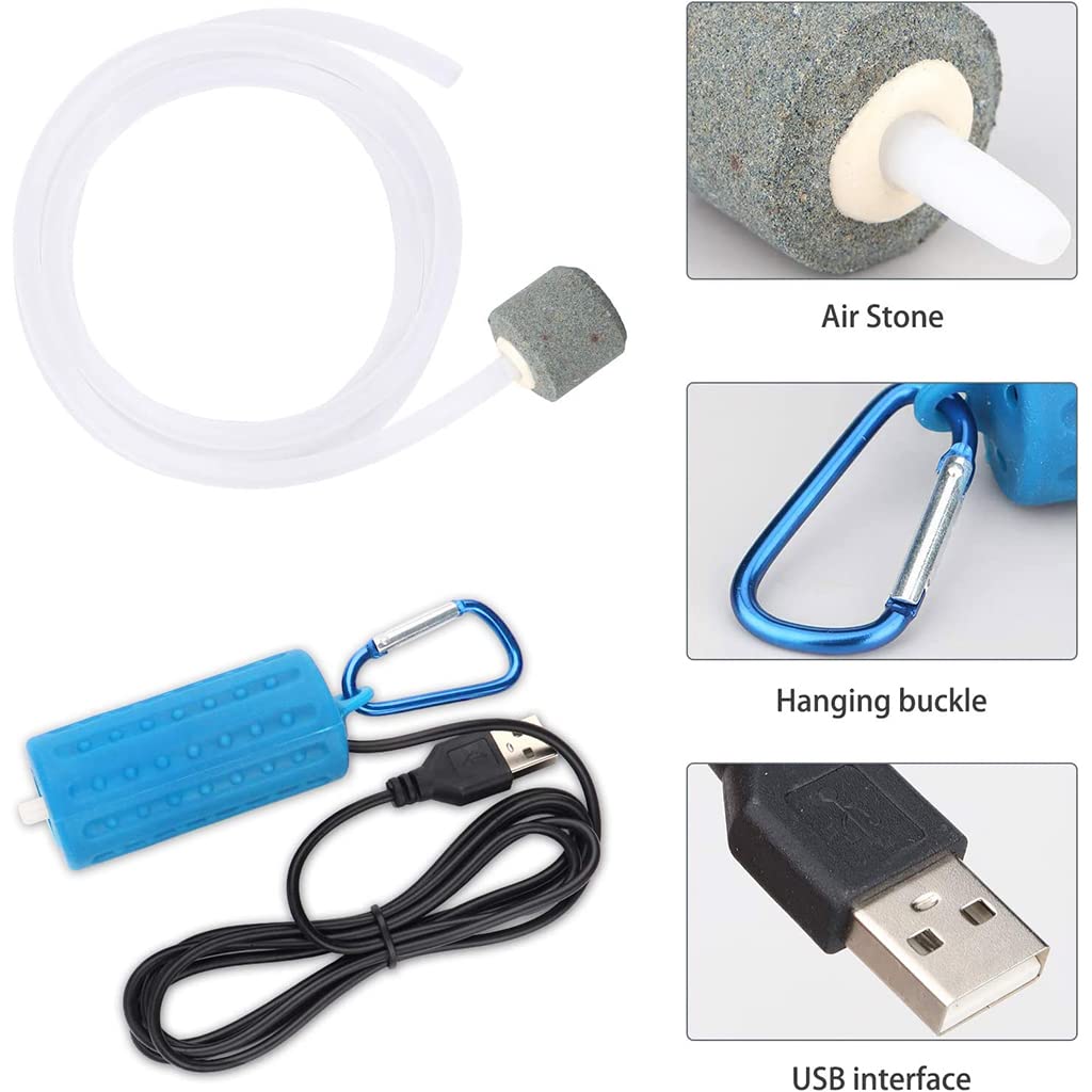 Qpets® Quiet Portable Aquarium Air Pump USB with Air Stone & Hose, Plus 2Pcs Cute Floating Diver Resin Fish Tank Ornaments, Low Power Oxygen Pump Combo for Aquarium Aeration & Decoration