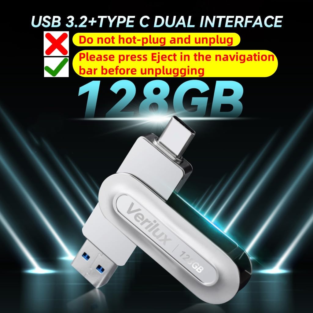 Verilux Pendrive 128GB with USB 3.2 Dual Connector Type C and A for Laptop and Android | 360° Rotation Design