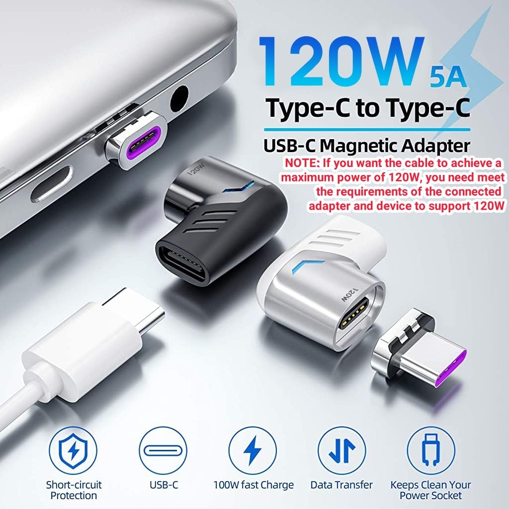 Verilux  Type C Adapter Right Angle Magnetic 90 Degree USB C Adapter Type C Connector with PD 120W Fast Charge, 480Mbps Data Transfer for MacBook Pro/Air and USB C Smartphone, Laptop, Tablet Black