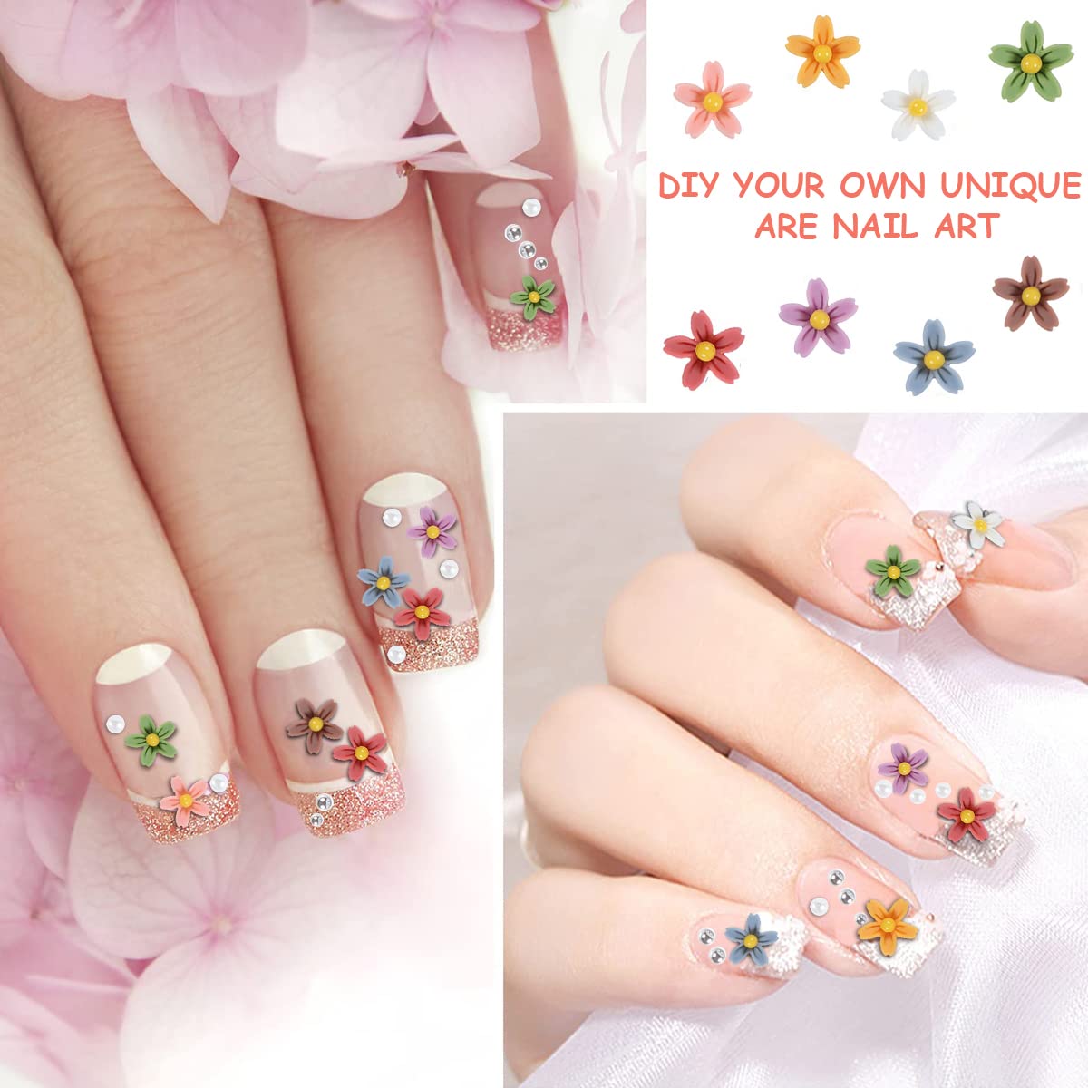 MAYCREATE® 3D Flowers for Nail Art Kit, 3D Acrylic Flower Nail Rhinestones with Silver Pearl Caviar Beads Spring Small Flores Nail Art Design for DIY Decoration