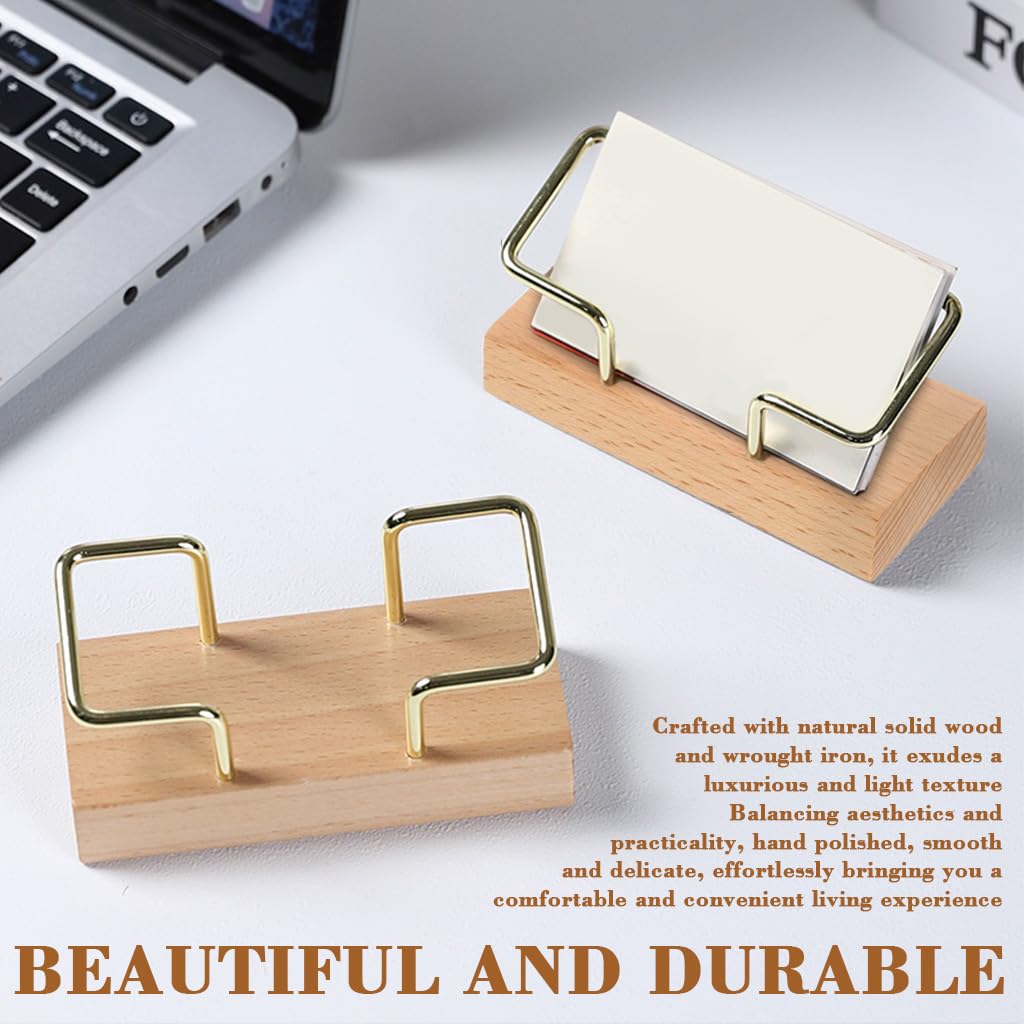 OFIFO Business Card Holder Stand for Office Desk featuring Golden Wire and Wooden Base | Fits 70 Cards 4.33x1.81x2.05 in