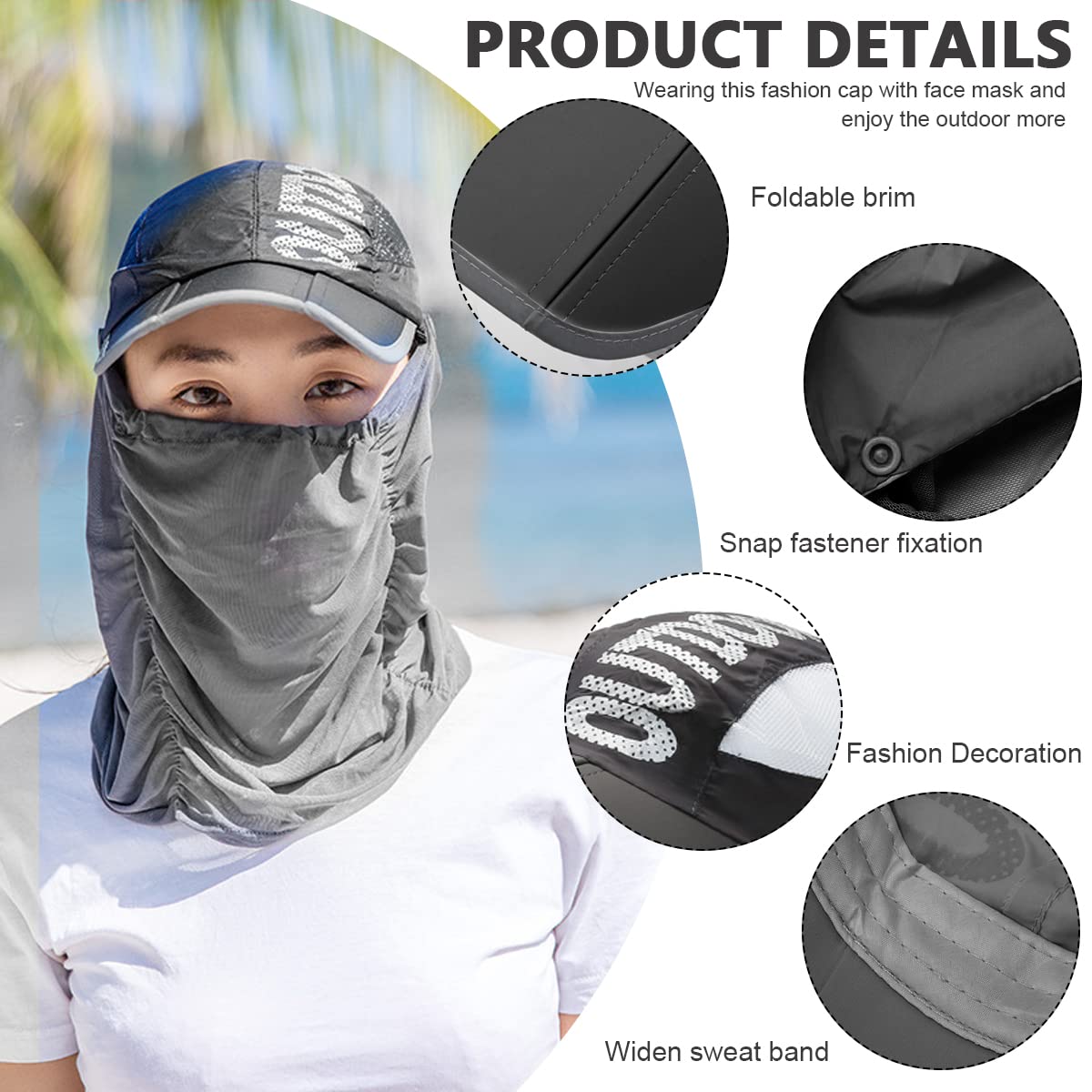 PALAY® Sun Hats for Women with Face & Neck Flap, Foldable Fishing Hat Caps for Women Detachable Face Mask Cover Set, Fashion Breathable UV Protection Hat for Cycling Camping Hiking (Grey, UPF 50+)