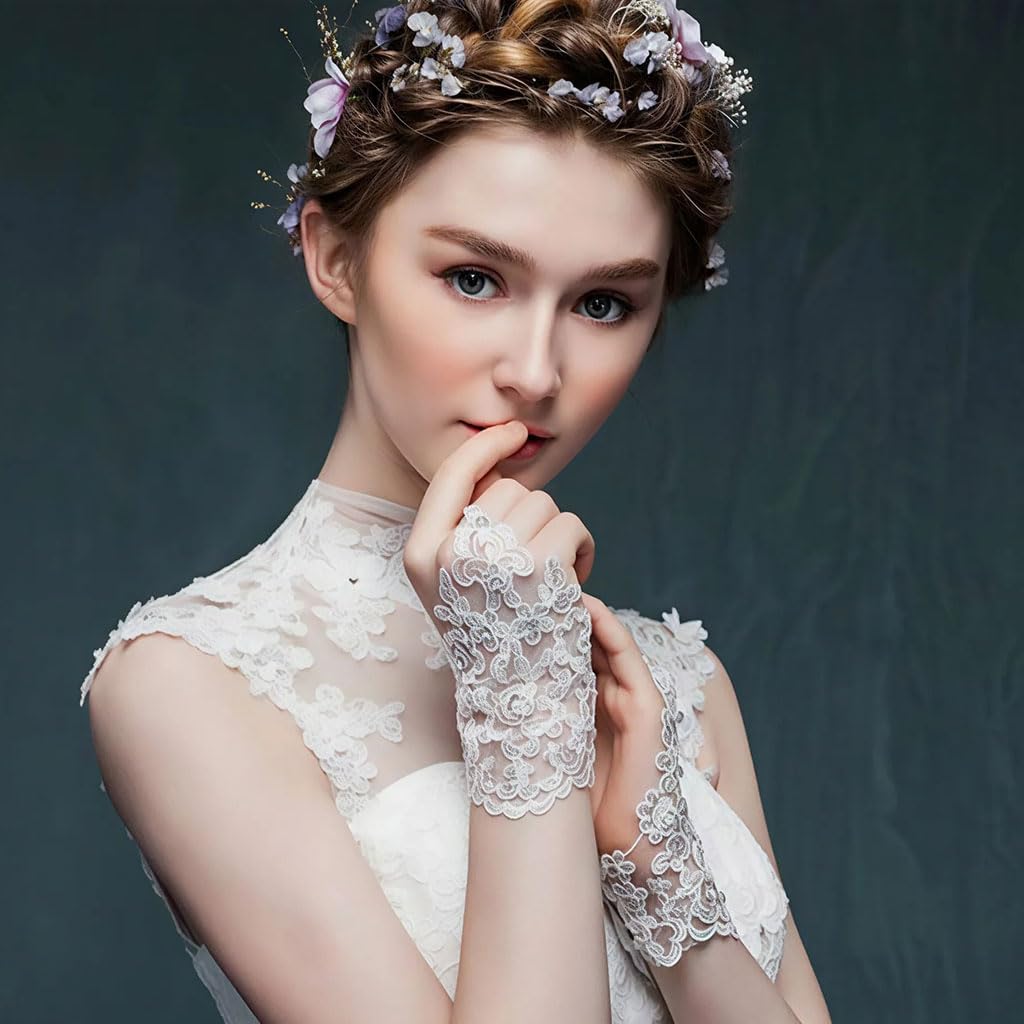 Zibuyu Elegant White Lace Fingerless Gloves for Weddings and Parties | Stretch Mesh Bridal Accessory