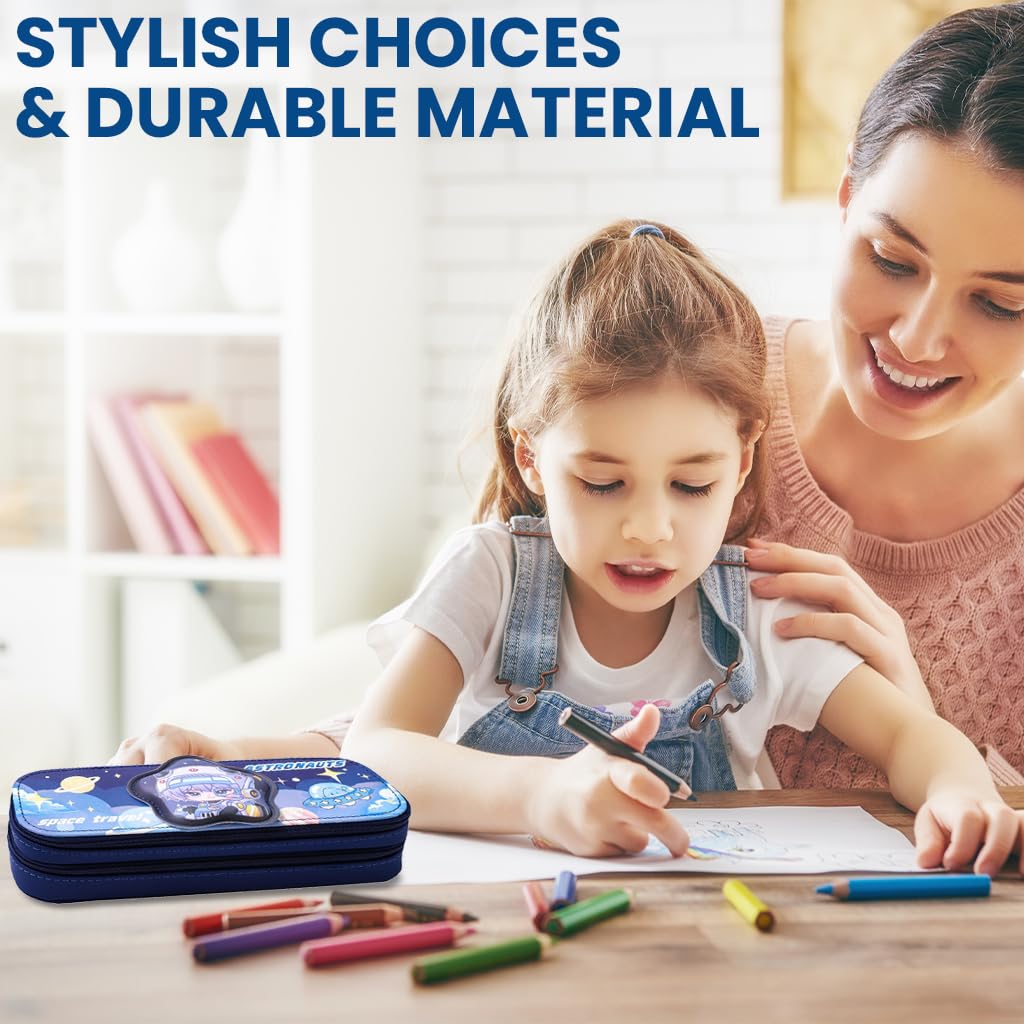 Zibuyu Pencil Box for Kids with Double Layer 22×7.5×7.5cm Design in Blue Polyester | Cute Panda Organizer