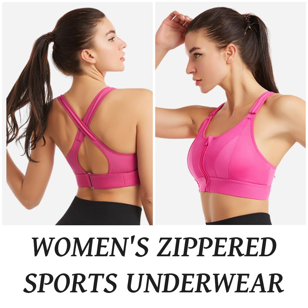 PALAY Sports Bra for Women with Front Zip Racerback Support and Pink Polyester Fabric