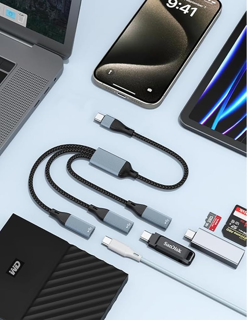 Verilux USB C Splitter for Charging and Audio | 3 in 1 Nylon Braided Type C Adapter