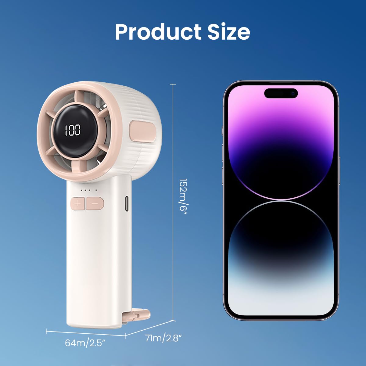 Verilux USB Handheld Fan for Travel and Hiking featuring Stepless Airflow with Digital Display