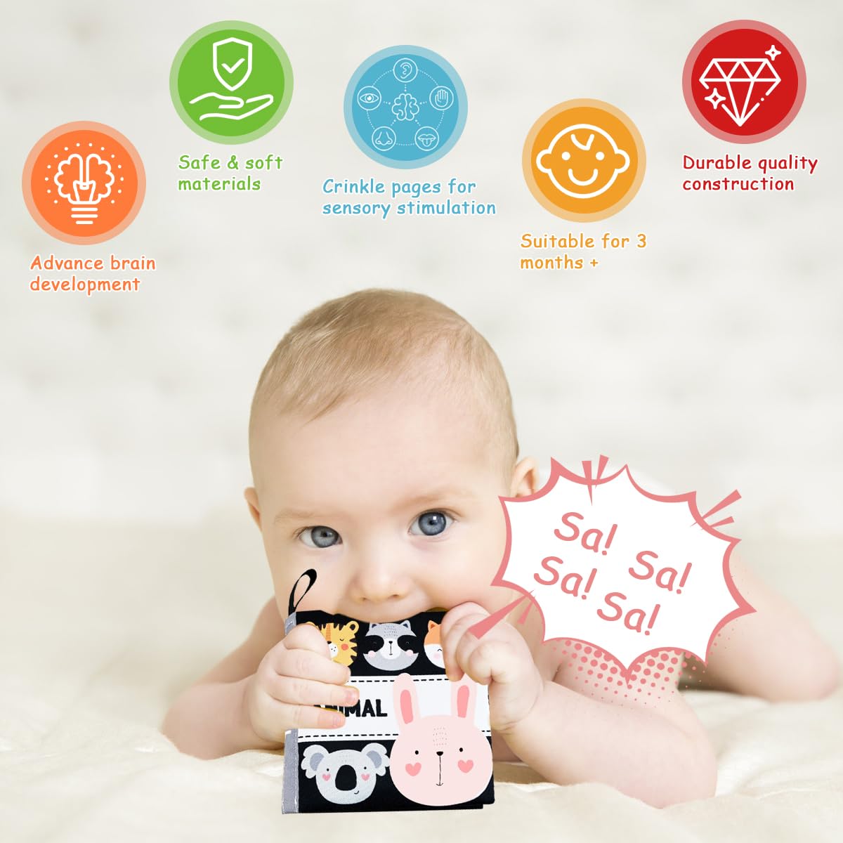 SNOWIE SOFT Cloth Books for Babies 8 pcs set with non toxic fabric and crinkle pages | sensory learning toys for toddlers