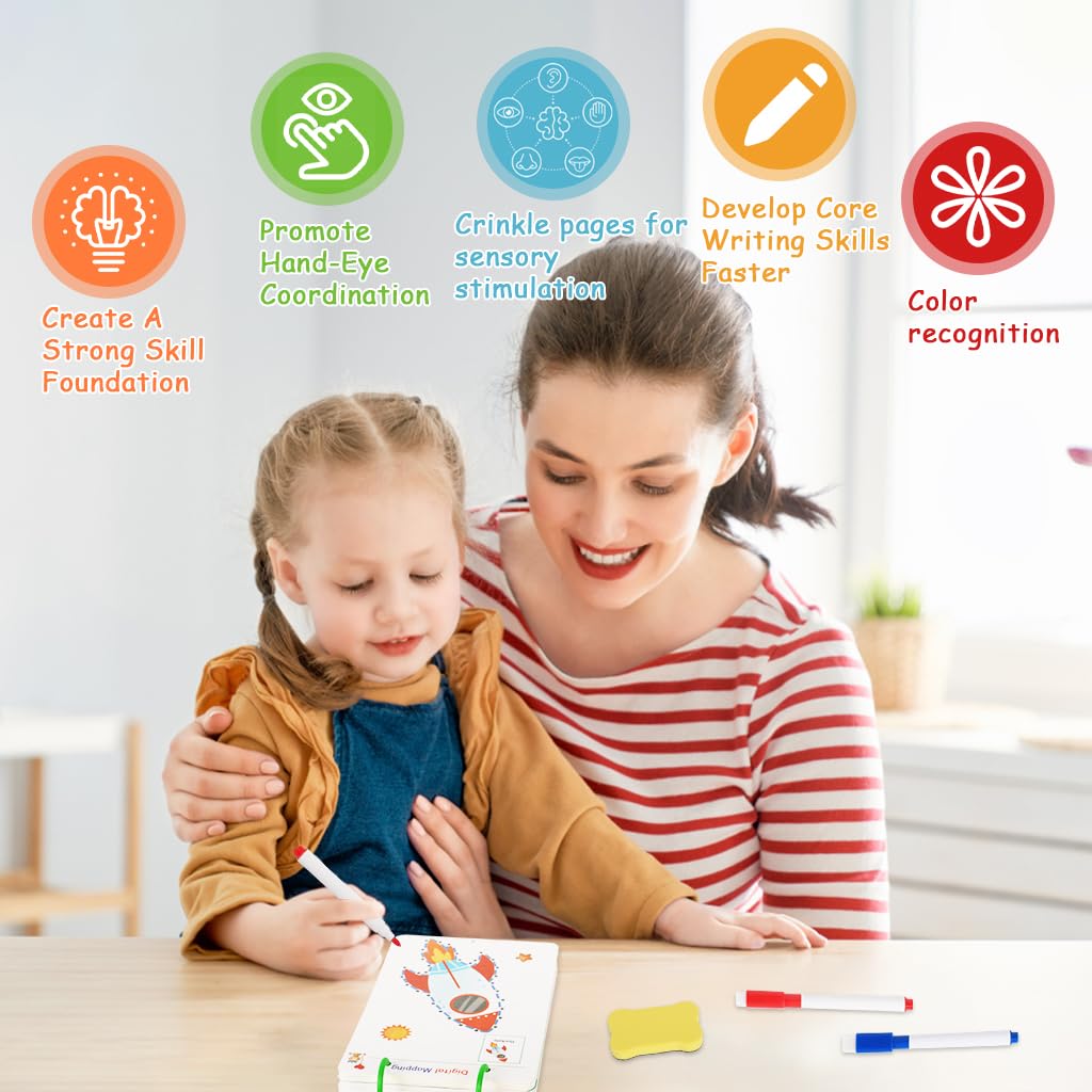SNOWIE SOFT Kids Dot to Dot Training Book with 136 Flash Cards and Dry Erase Surface | Reusable Drawing Practice Set with Markers for Early Learning