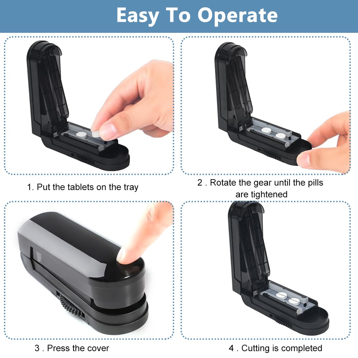 HANNEA Multiple Pill Splitter for Tablets and Vitamins with Adjustable Vise | Stainless Steel Blade and Black Portable Design