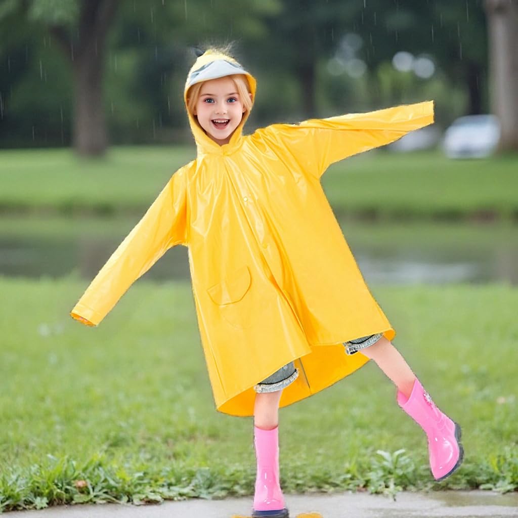 PATPAT Rain Jacket for Kids with Cartoon Hood featuring Transparent Brim | PVC Yellow Coat for Boys and Girls Aged 5–7