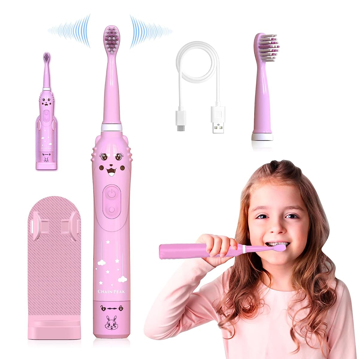 HANNEA® Electric Toothbrush For Kids, Battery Powered brush tooth, Age 3+, Soft Nylon Bristles, Chargeable automatic Tooth Brush With 6 Brushing Modes, 2 Interchangeable Brush Heads