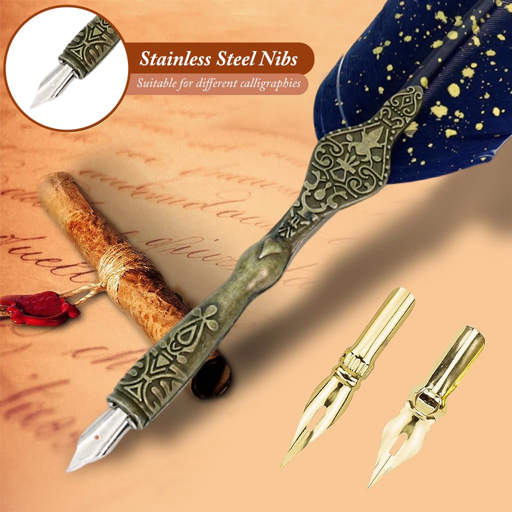 HASTHIP Vintage Feather Pen Set for Calligraphy with 2 Nibs and Stand Base | Blue Ink