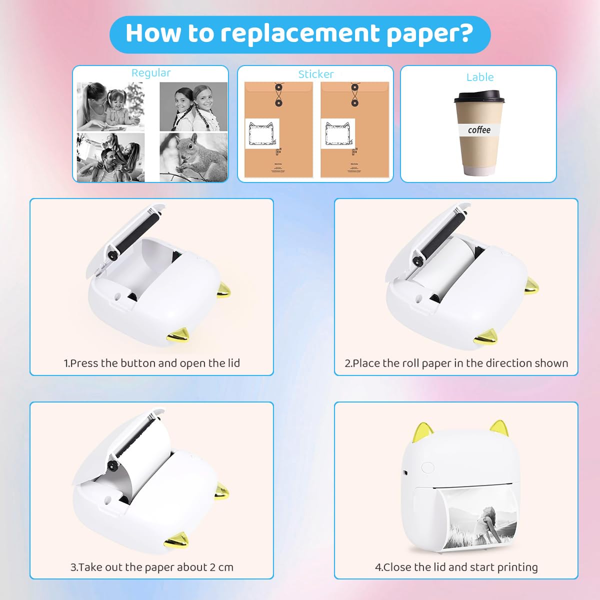 ZEITEL Mini Bluetooth Thermal Printer for Android and iOS with 200DPI Inkfree Print | 10 Roll Paper Gift for Kids