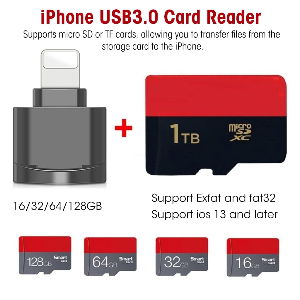 Verilux® Micro SD Card Reader for iPhone iPad, Micro SD/TF Card Reader Memory Card Reader for iPhone Plug and Play Card Reader for iPhone 13/12/Pro/11/X/XR/Max