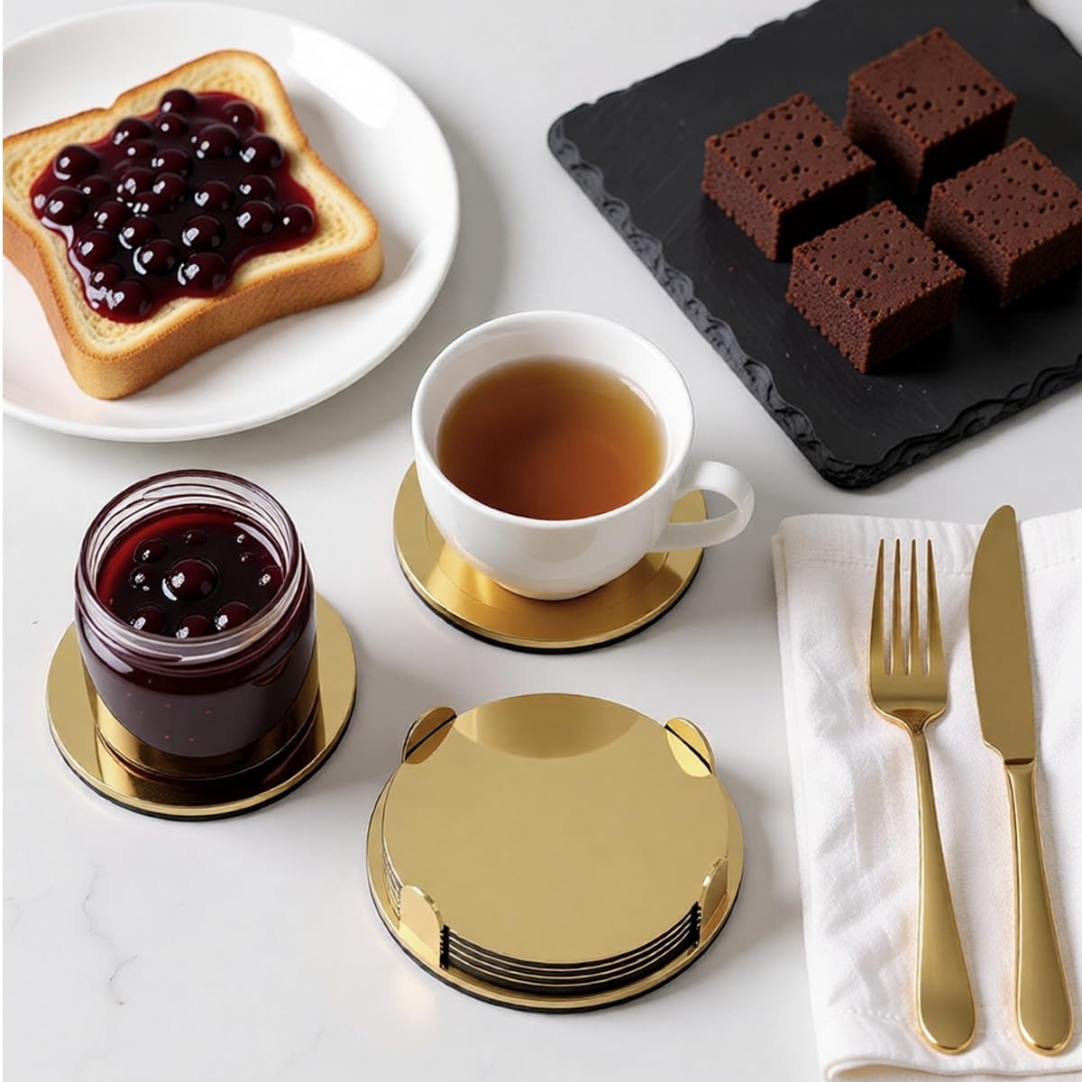 ZIBUYU Coasters Set for Home and Office with Holder featuring Gold Stainless Steel | 6 Pieces