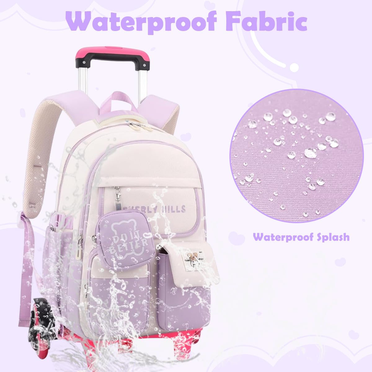 PALAY School Backpack with Wheels for Girls featuring 6 Wheel Metal Trolley and Retractable Handle