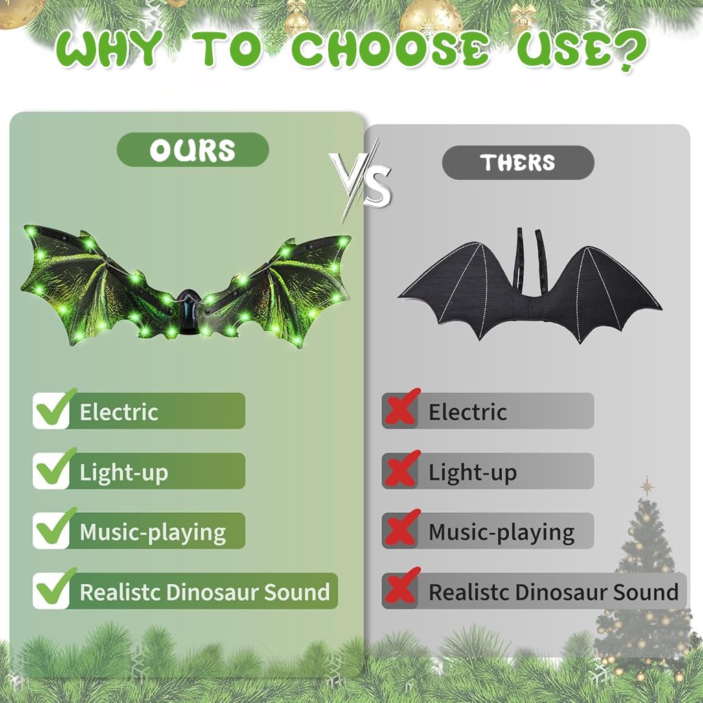 PATPAT Electric Dinosaur Wings for Kids with LED Light and Music featuring Motorized Flap | Green Halloween Costume for Boys and Girls
