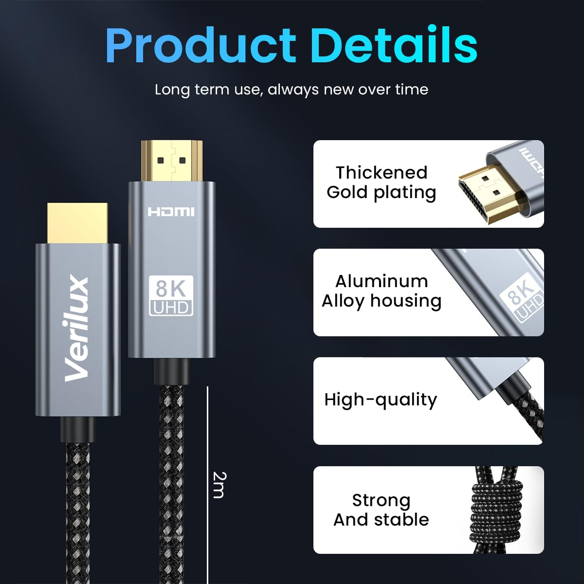 Verilux HDMI Cable 3M 48Gbps High Speed for 4K 120Hz and 8K 60Hz Devices | Nylon Braided