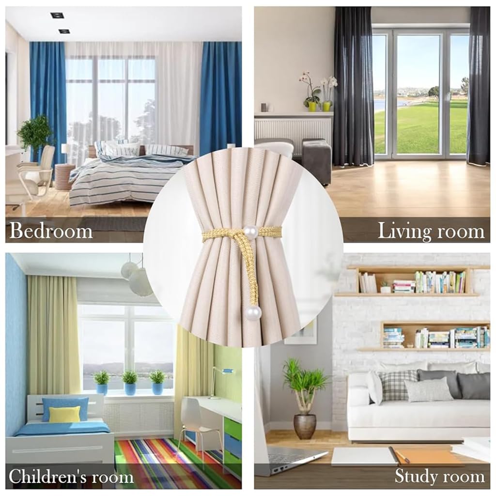 ZIBUYU Curtain Tiebacks for Drapes featuring White Sliding Beads | 6 Pcs 16.9 in Golden Set