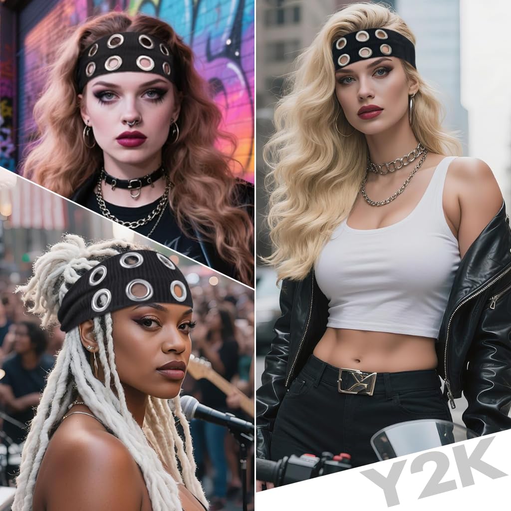 SANNIDHI Hairband for Women with Metal Eyelets and Stretchy Ribbed Fabric | Black Wide Punk Headpiece