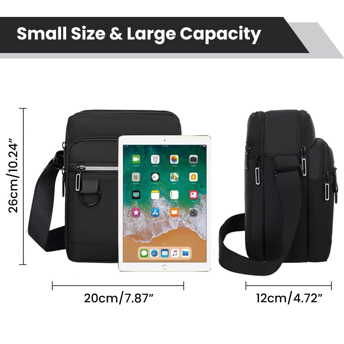GUSTAVE Messenger Bag for Men with 20x12x26cm Compartments and Waterproof Oxford Cloth | Classic Black Crossbody for Travel and Daily Use