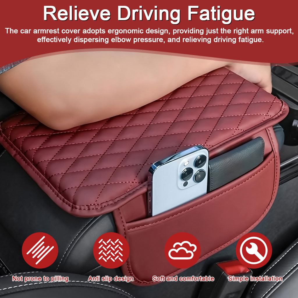 STHIRA Car Armrest Cushion for Comfort and Protection with Dual Mobile Pockets | PU Leather Universal Fit