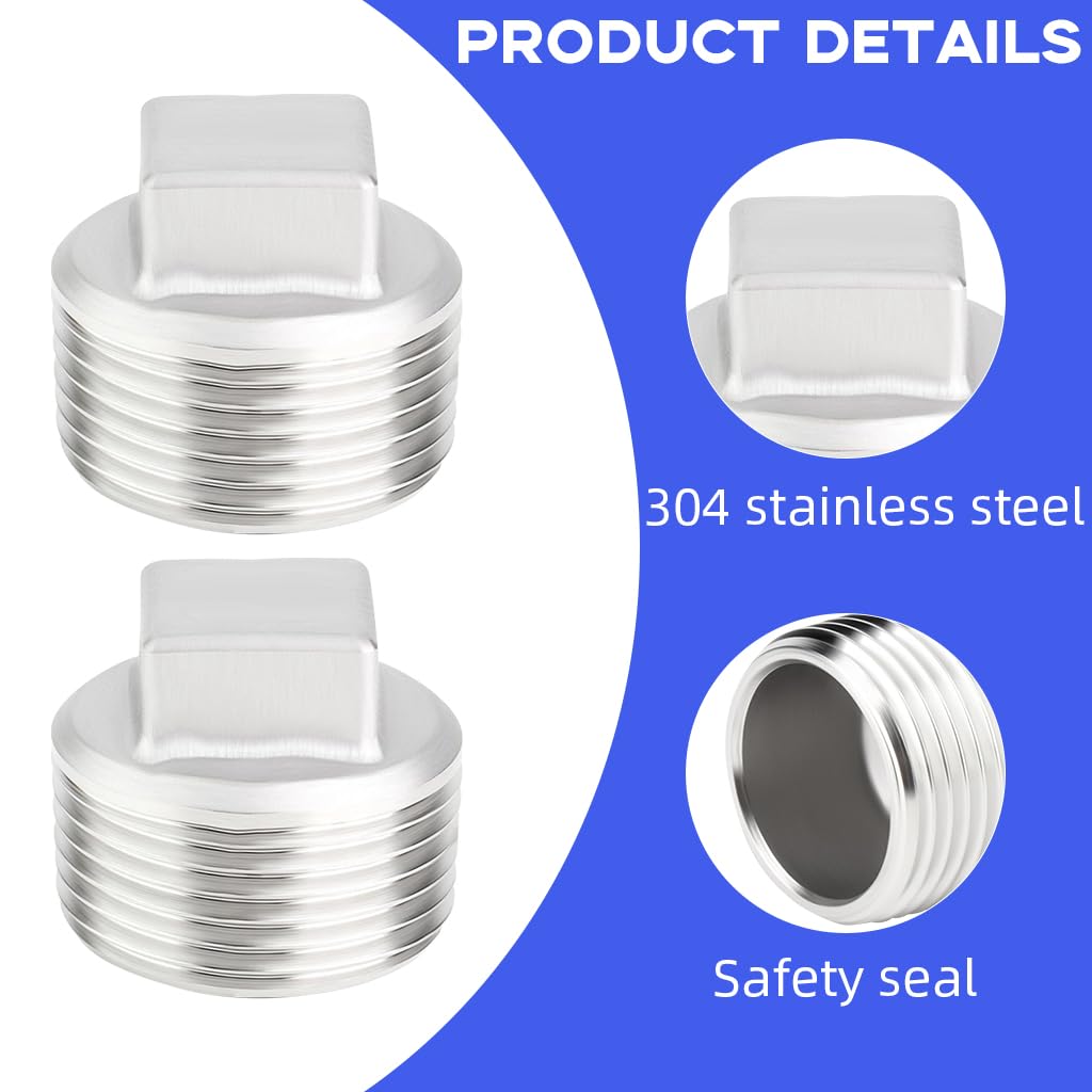 HASTHIP 2pcs 304 Stainless Steel Pipe Fitting, 3/4'' Square Head Cored Plug Pipe Fastener to Seal The End of The Pipe