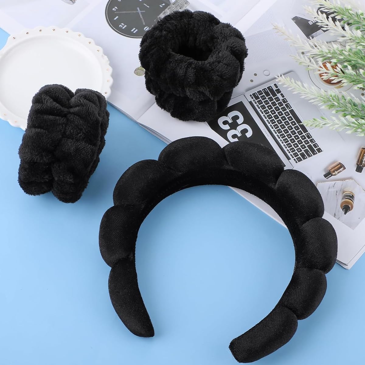 MAYCREATE Spa Headband and Wristband Set for Face Washing with Sunflower Design | Soft Flannel Elastic Accessories for Women