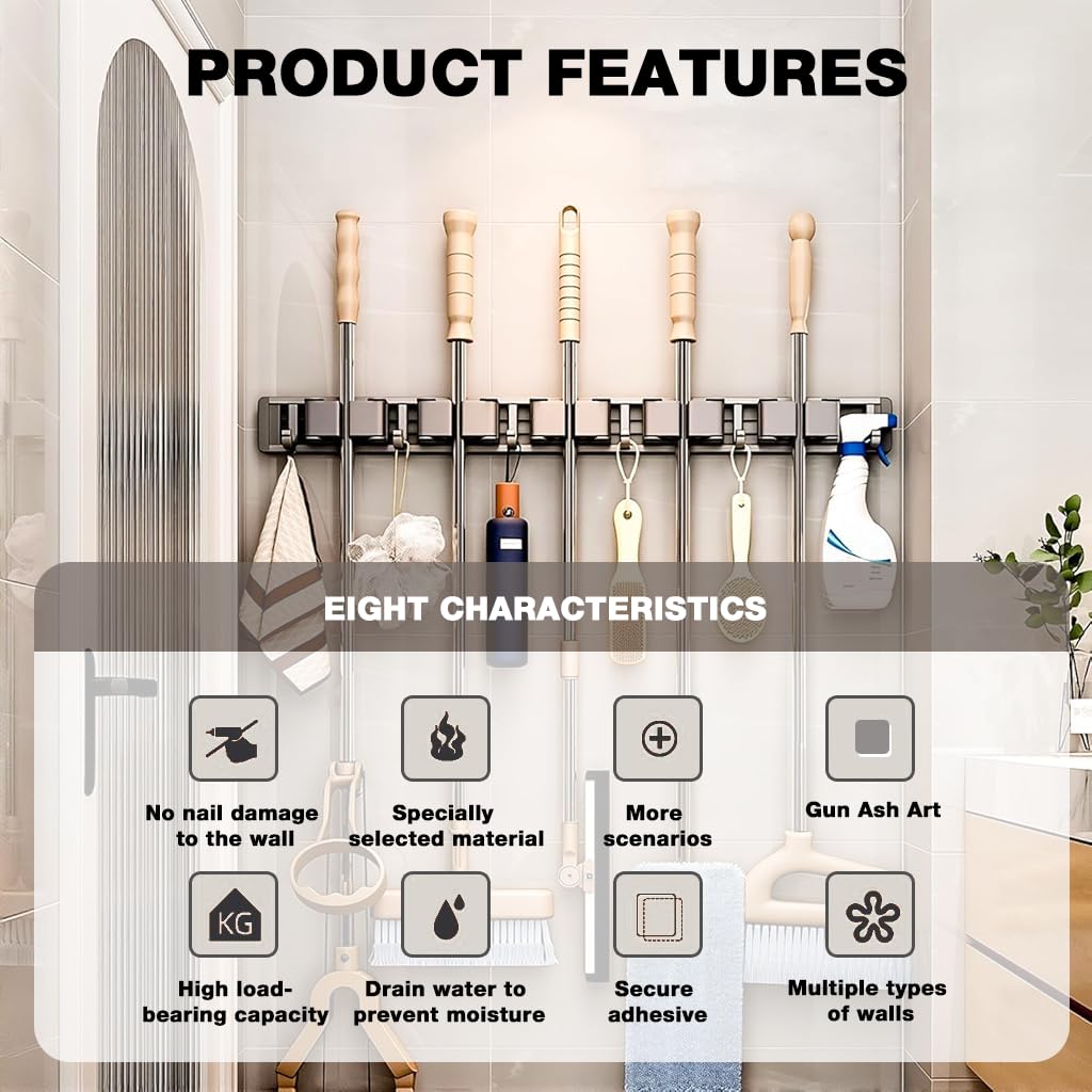 HASTHIP Mop and Broom Holder for Bathroom and Garage with 6 Hooks and Push-in Rail | No-Drill Aluminum Organizer