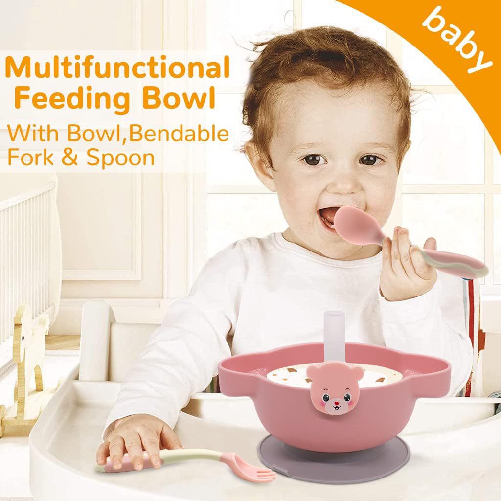 SNOWIE SOFT® Suction Plates for Baby Divided Plate with Cover, Fork, Spoons and Straws- Suction Cup Bowl, Set- Self Feeding for Toddler -Training Dinnerware 4-Piece Set - BPA Free