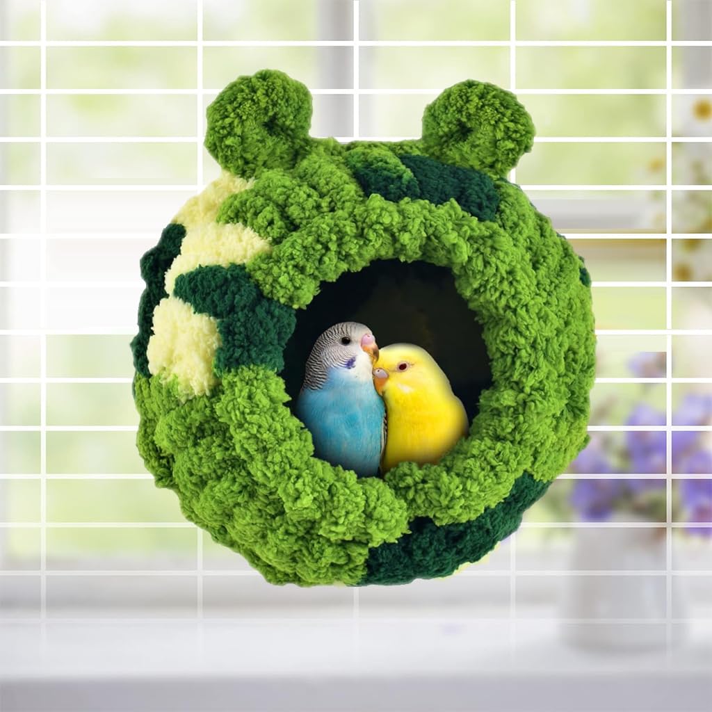 Qpets® Parrots Nest for Cage, Cute Green Plush Warm Birds Nest Winter Birds Nest Screw Mounting Birds Winter Soft Plush Parrots Nest for Cage Washable Birds Nest for Parrots, Cockatoo, (21x19x21CM)