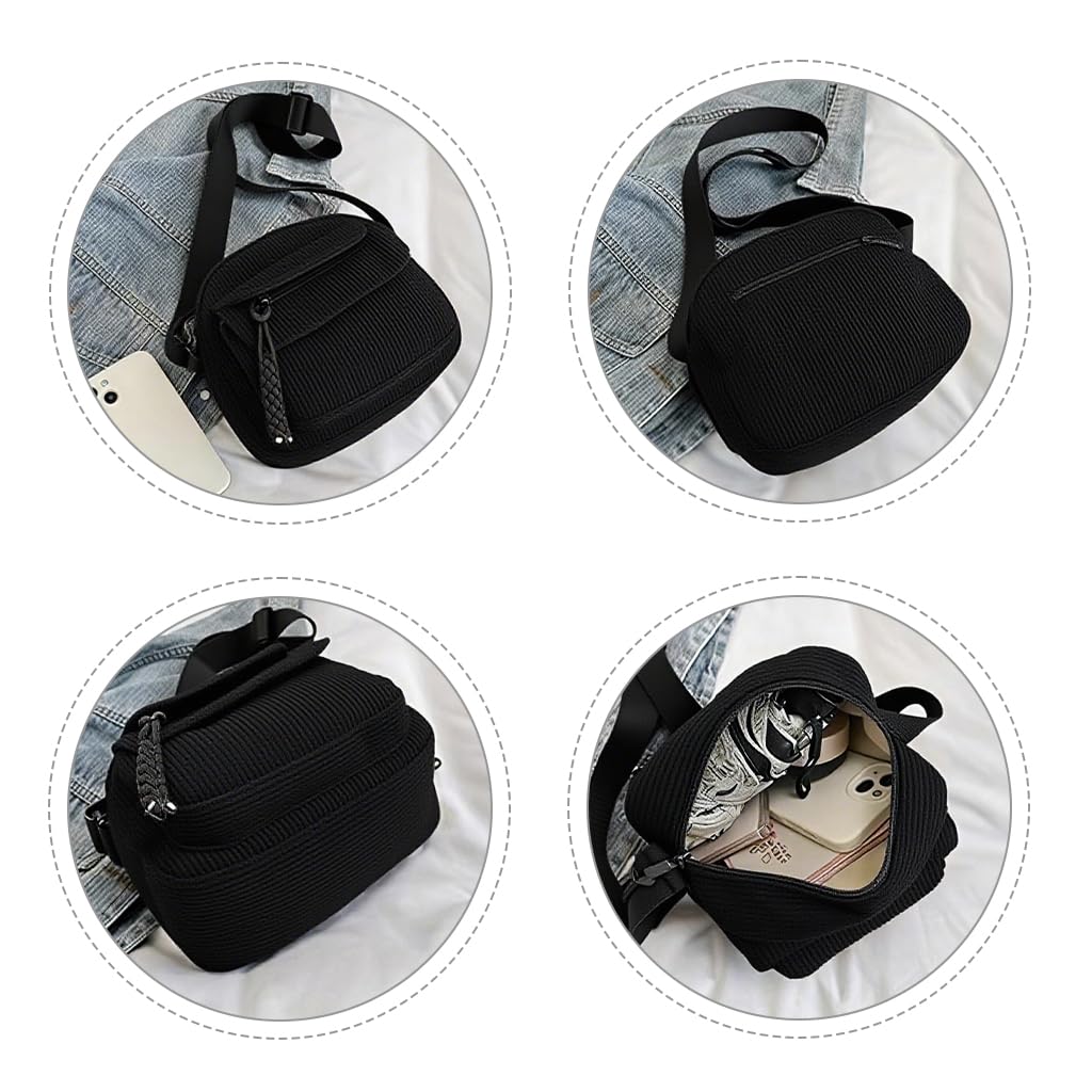 Zibuyu Small Corduroy Sling Bag for Women with 3 Zipper Pockets and Adjustable Strap | Black Compact Everyday Purse