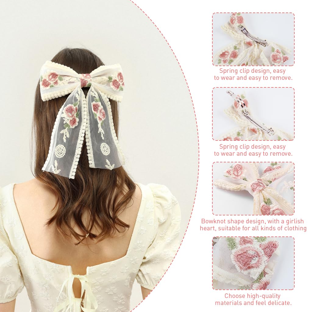 Venzina Bow Hair Clips for Women featuring Lace and Embroidery Flowers | 2 Pcs Set